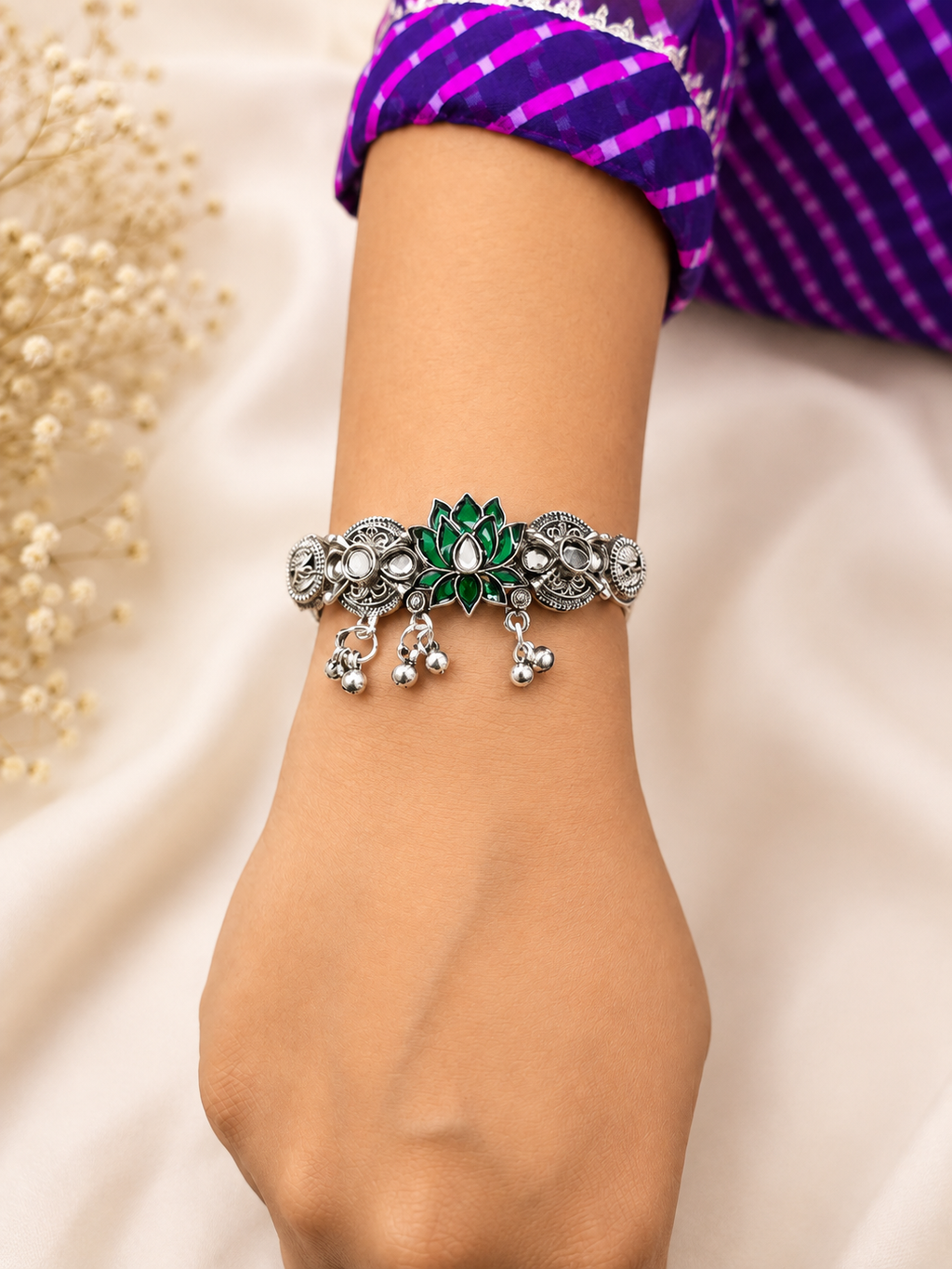 Oxidised Lotus Ghungroo Bracelet