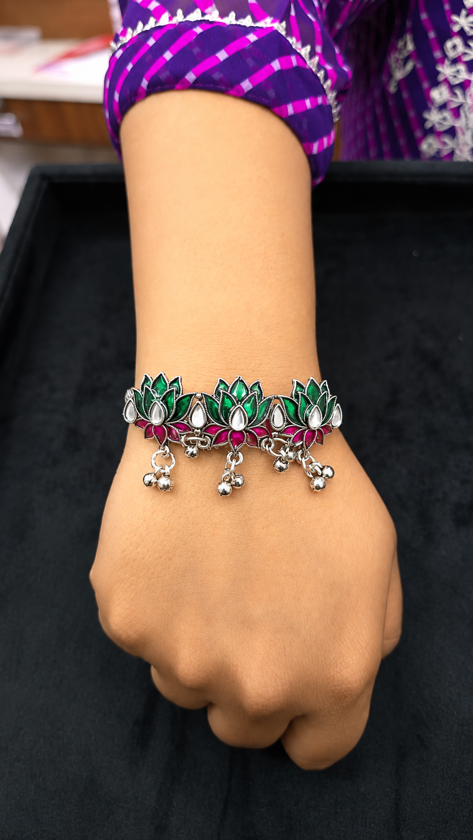 Oxidised Lotus Ghungroo Bracelet