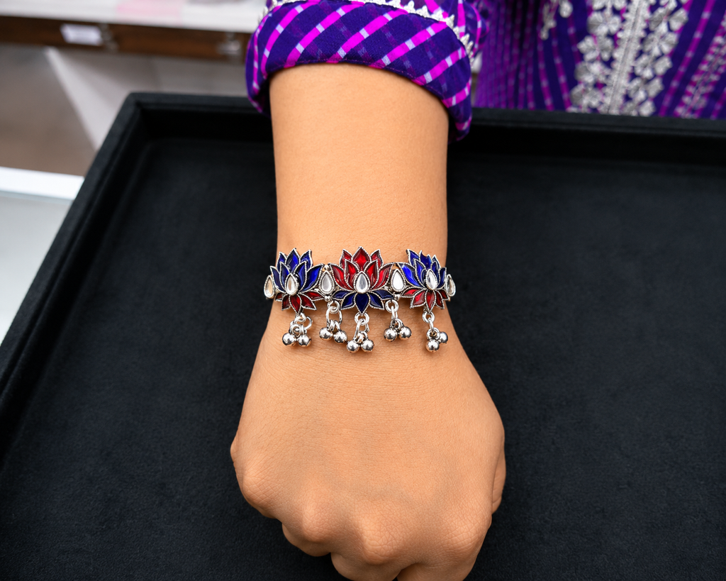 Oxidised Lotus Ghungroo Bracelet