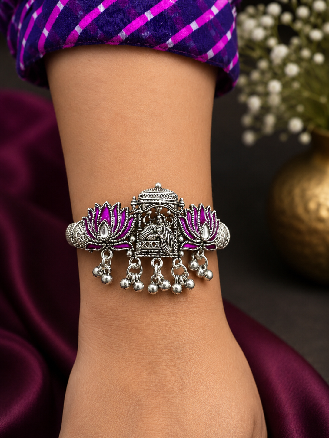 Oxidised Lotus Ghungroo Bracelet