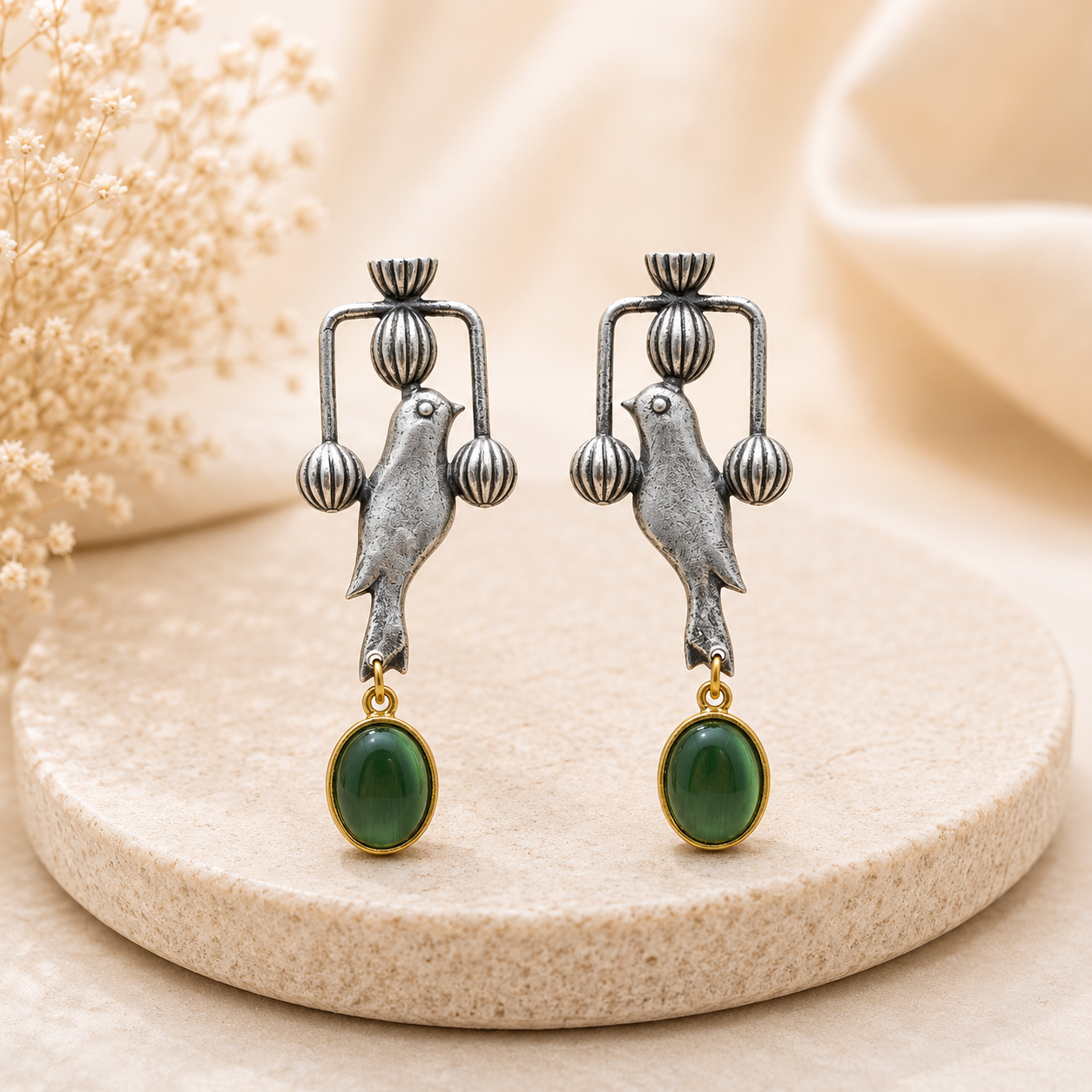 Oxidised Parrot Drop Earrings