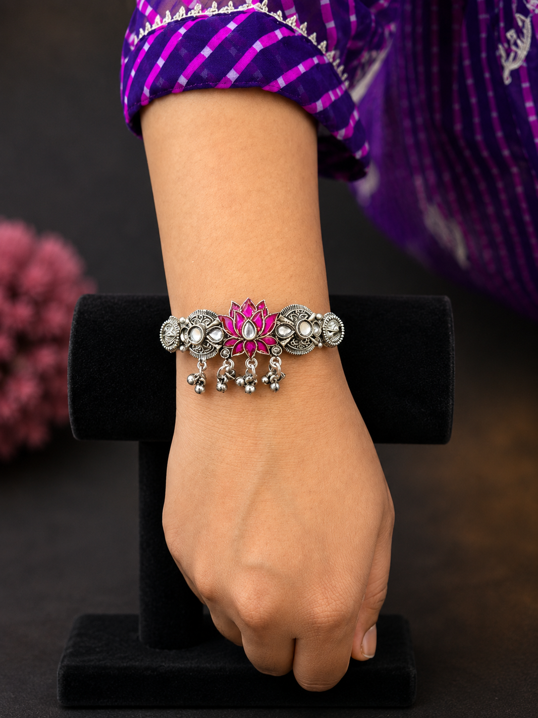 Oxidised Lotus Ghungroo Bracelet